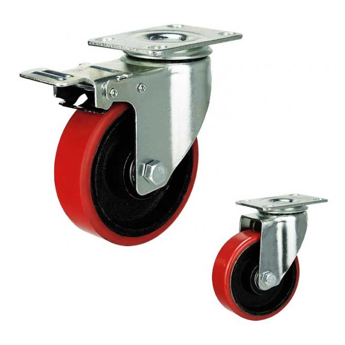 Red Iron Core PU 100mm Medium Duty Casters With Dual Brake 0