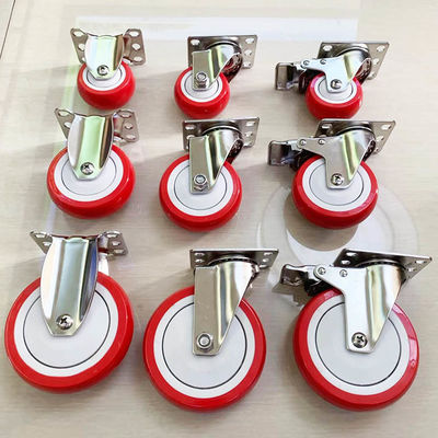5 Inch Medium Duty Red PU Swivel Locking Stainless Steel Casters With Dust Covers