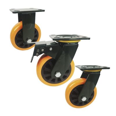 230kg Loading Heavy Duty Swivel Casters With Brake , Orange PU 5 Inch Caster Wheels