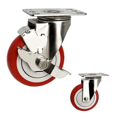5 Inch Medium Duty Red PU Swivel Locking Stainless Steel Casters With Dust Covers