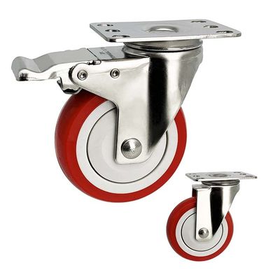 125mm Red PU Wheel Stainless Steel Casters Fixed Plate Type