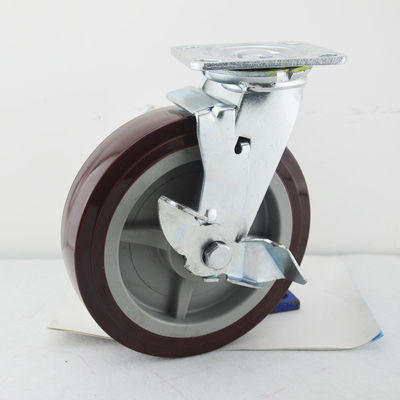 China Industrial Trolley Castor Wheels Heavy Duty 8 Inch Red PU Wheel With Side Brake Soft Swivel Plate