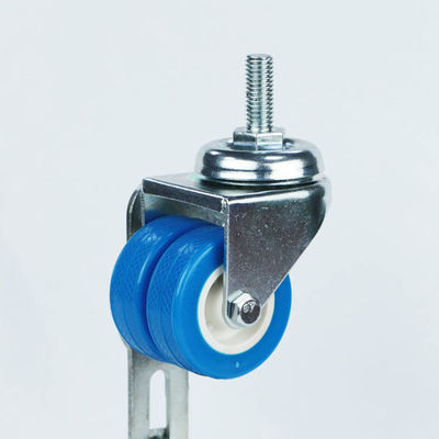 China 50mm Diameter Twin Wheel Casters Threaded Stem Blue PVC Light Duty Casters Low Profile