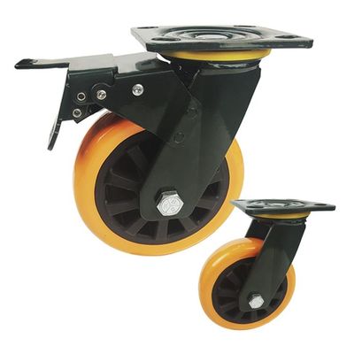 230kg Loading Heavy Duty Swivel Casters With Brake , Orange PU 5 Inch Caster Wheels