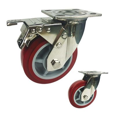 China Waterproof Red PU 6" Plate Type Total Brake Stainless Steel Casters