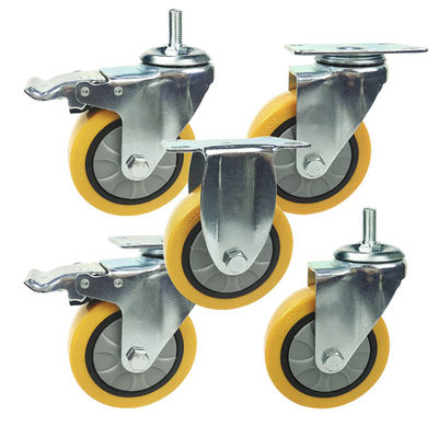 125x32mm Yellow PU Swivel Locking Threaded Stem Medium Duty Casters