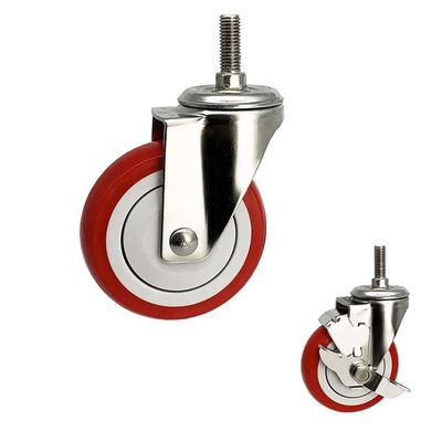 China OEM Stainless Steel Caster Wheels 100mm Red Polyurethane Threaded Stem