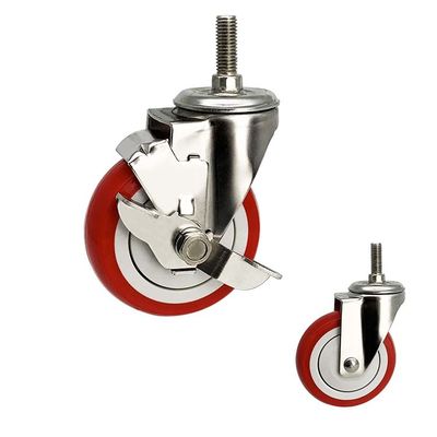 China 176lbs Stainless Steel Casters 75mm Silent Red Wheel PU Threaded Stem Side Locking Casters