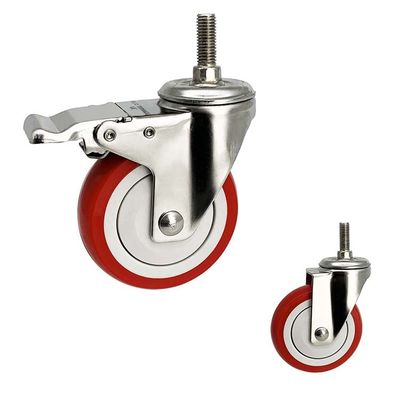 China Customize Stainless Castor Wheels 4" Soft Red Wheel Medium Duty PU Threaded Stem Total Lock Casters