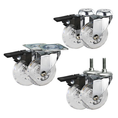 50mm Transparent Furniture Casters For Threaded Stem Chrome Painted Soft Castors Swivel With Lock